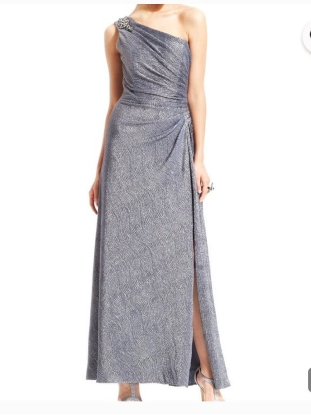 Alex Evenings One-Shoulder Silver Gown with Side Slit